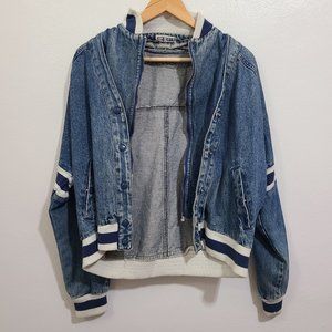 Vintage 80's Retro Bomber Style Jean Jacket Full Zip Snap Buttons Size Medium